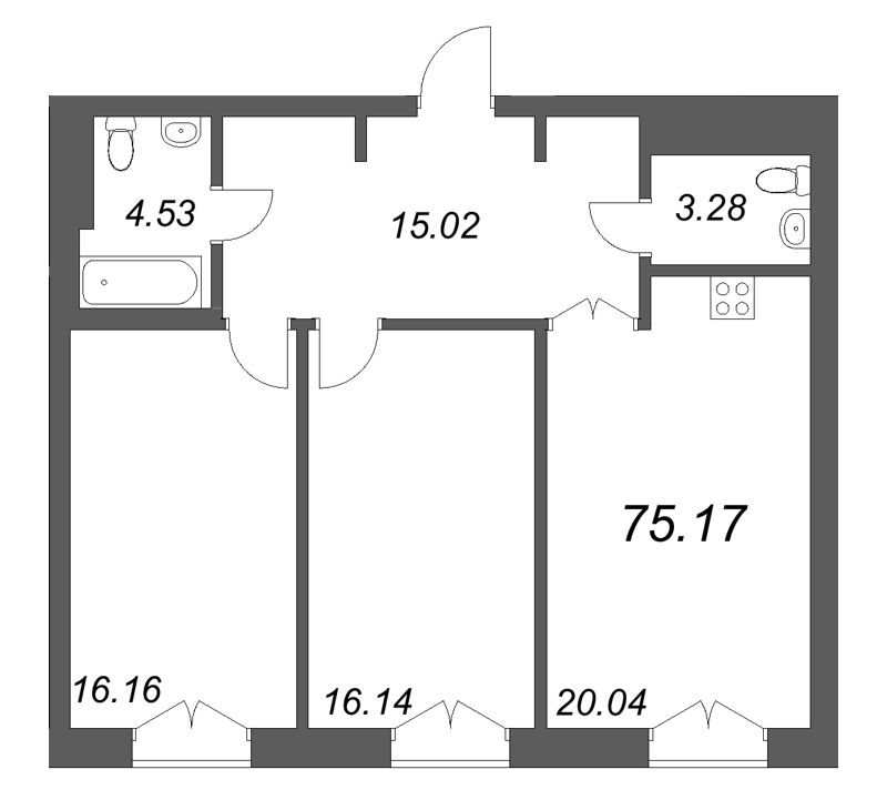 3 ккв (Евро) 75,2 м²