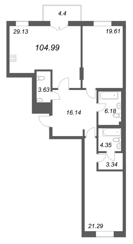 3 ккв (Евро) 105 м²