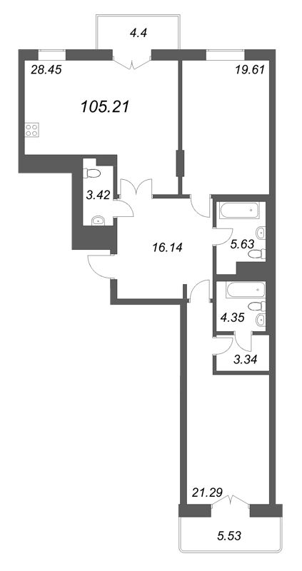 3 ккв (Евро) 105,2 м²