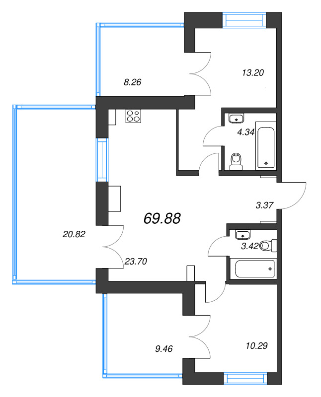 3 ккв (Евро) 69,9 м²