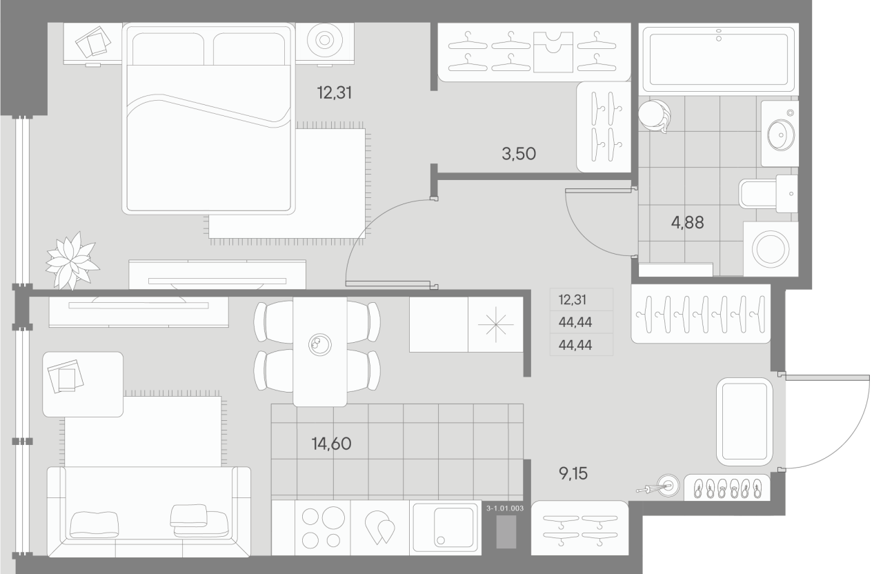 2 ккв (Евро) 44,2 м²