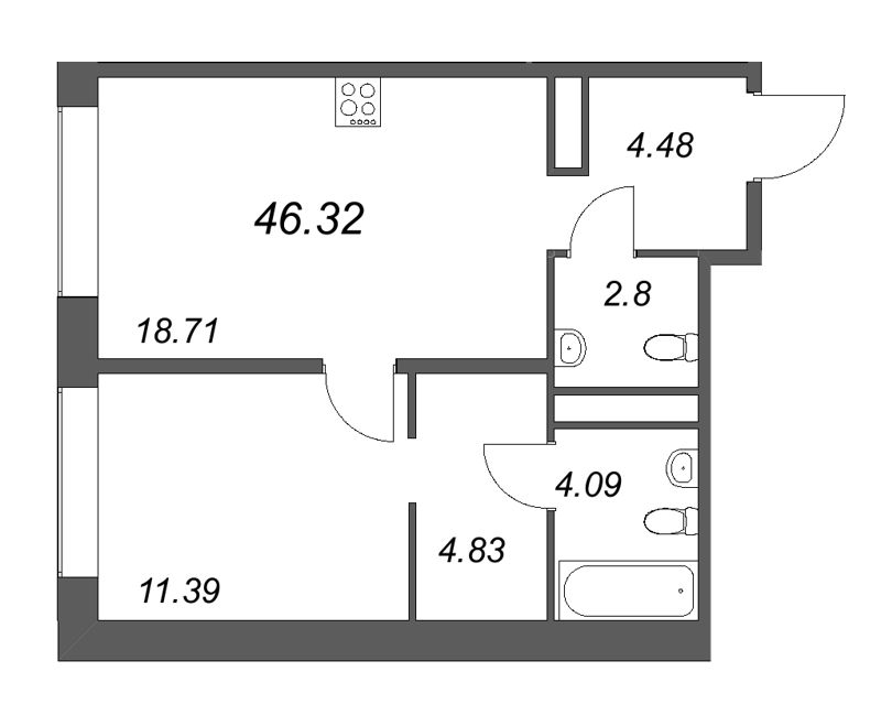 2 ккв (Евро) 46,3 м²