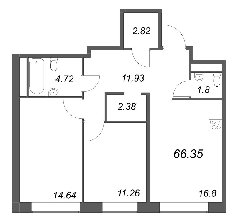 3 ккв (Евро) 66,4 м²
