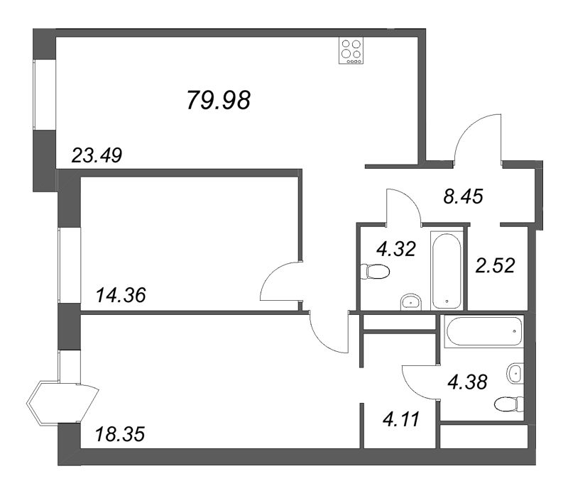 3 ккв (Евро) 80 м²