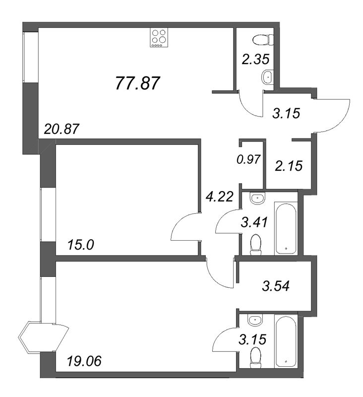 3 ккв (Евро) 77,9 м²