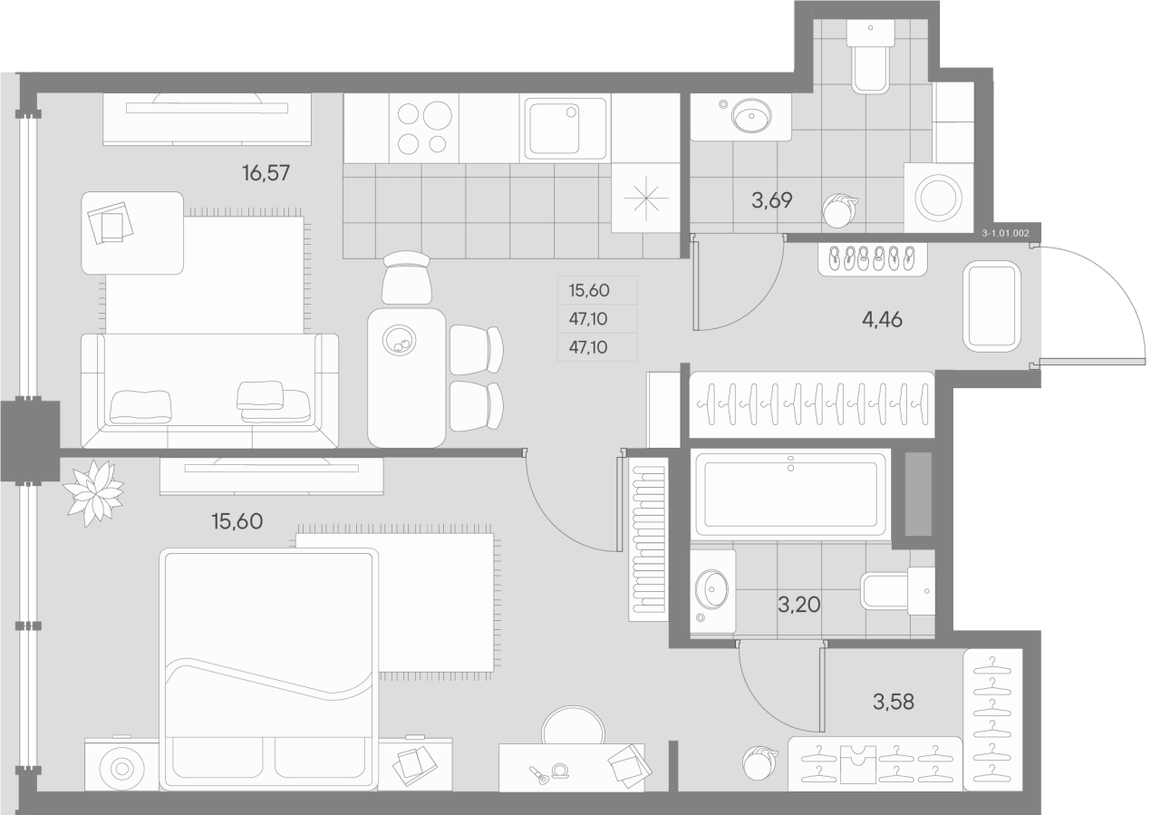 2 ккв (Евро) 46,4 м²