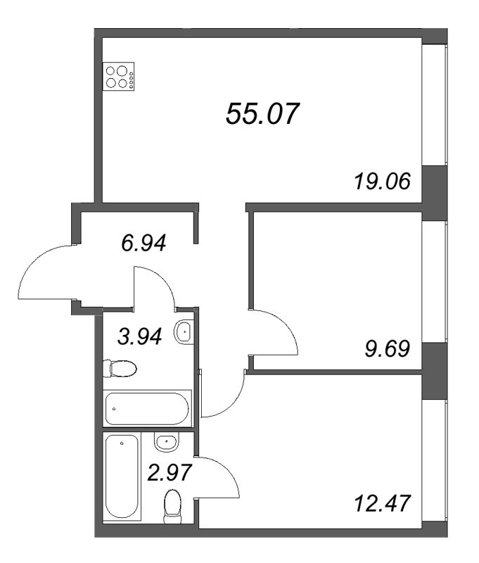 3 ккв (Евро) 55,1 м²