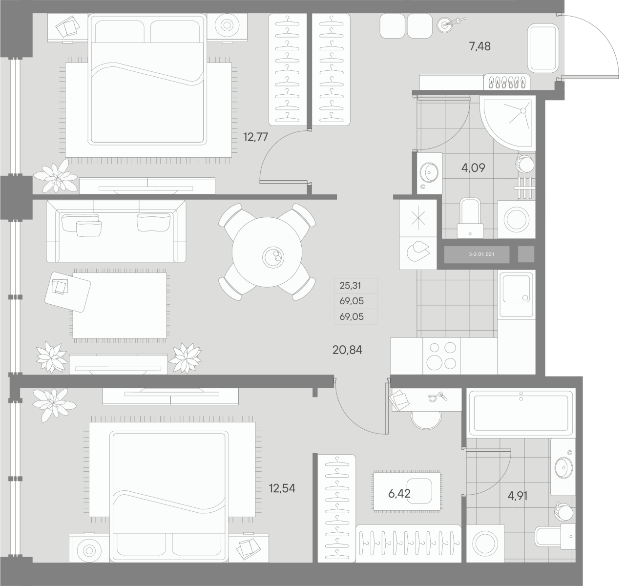 3 ккв (Евро) 69,1 м²