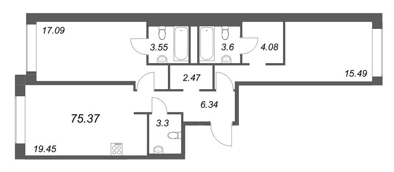 3 ккв (Евро) 75,4 м²