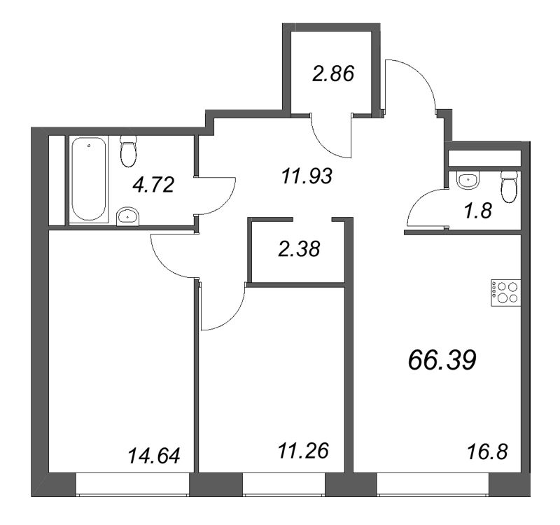 3 ккв (Евро) 66,4 м²