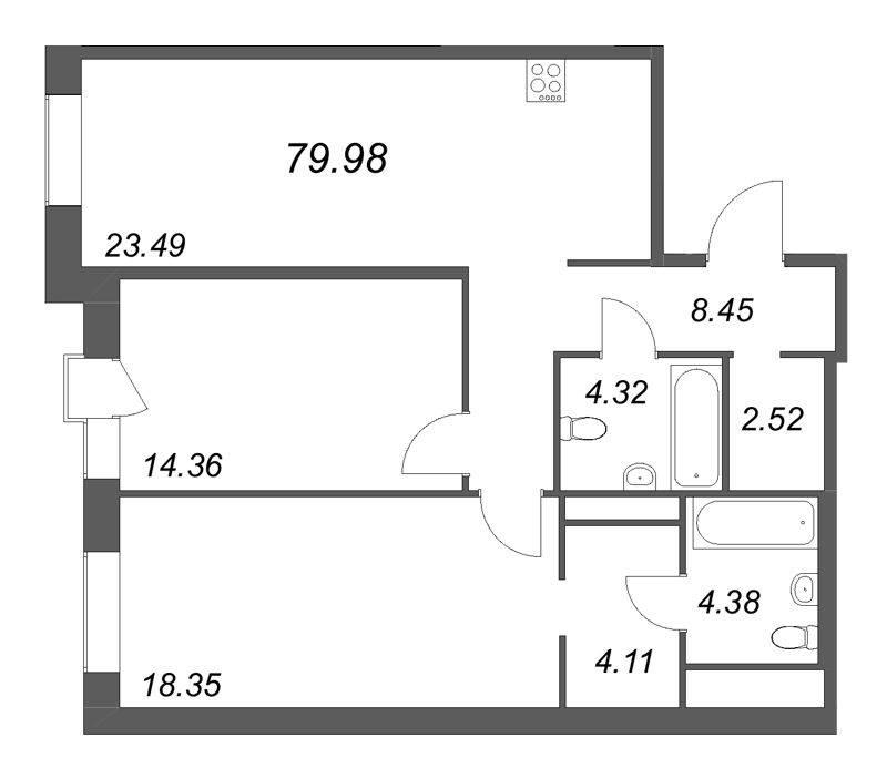3 ккв (Евро) 80 м²