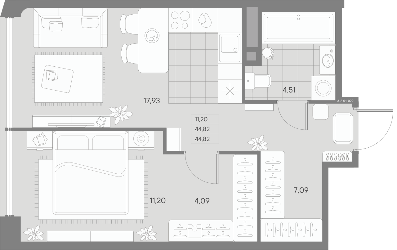 2 ккв (Евро) 44,8 м²