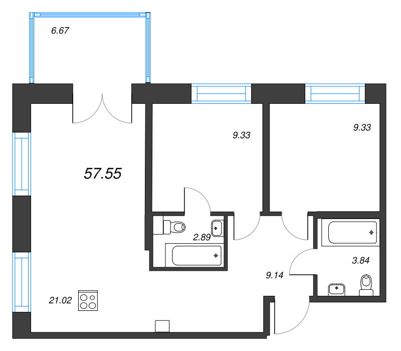3 ккв (Евро) 57,6 м²