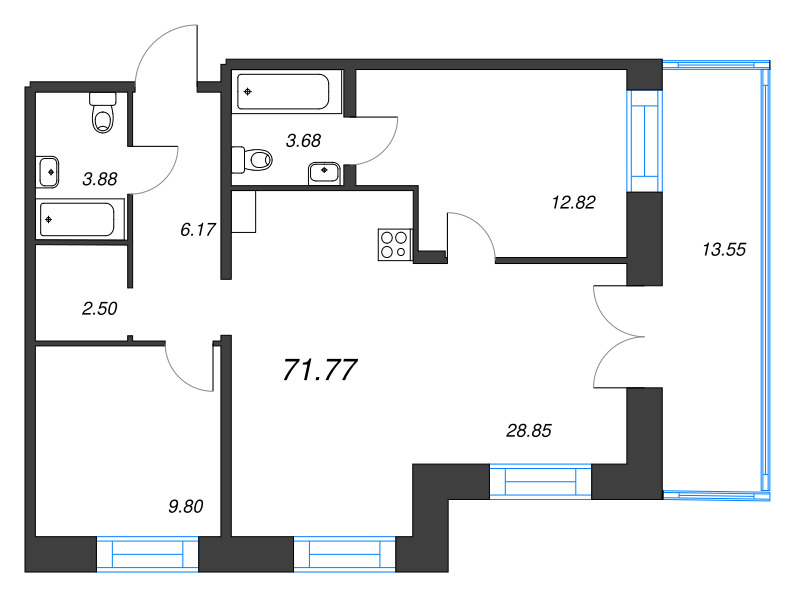 3 ккв (Евро) 71,8 м²