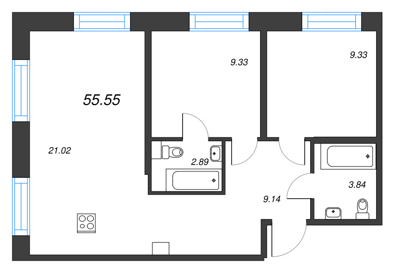 3 ккв (Евро) 55,6 м²