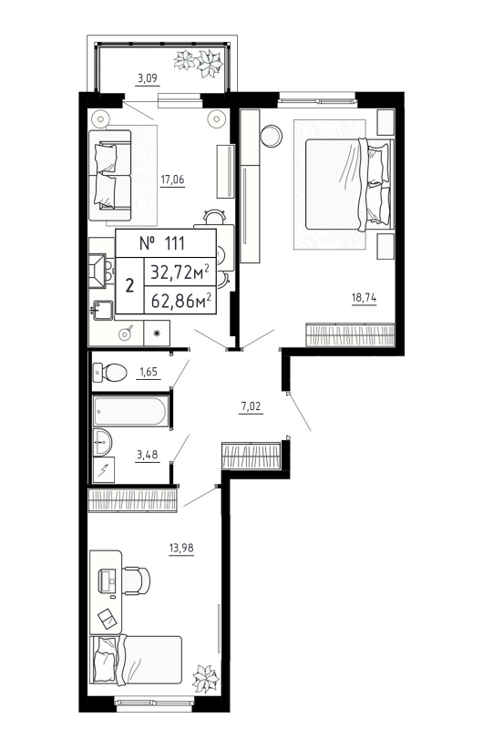 3 ккв (Евро) 62,9 м²