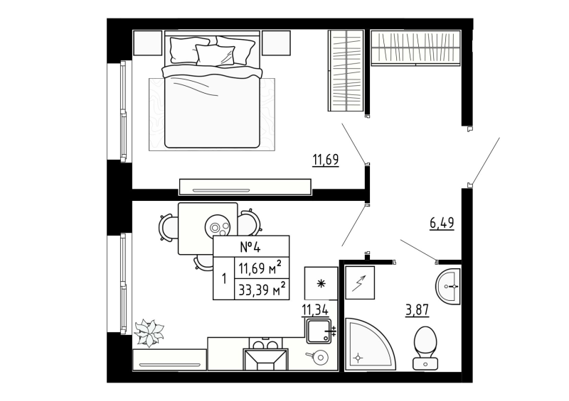 1 ккв 33,4 м²