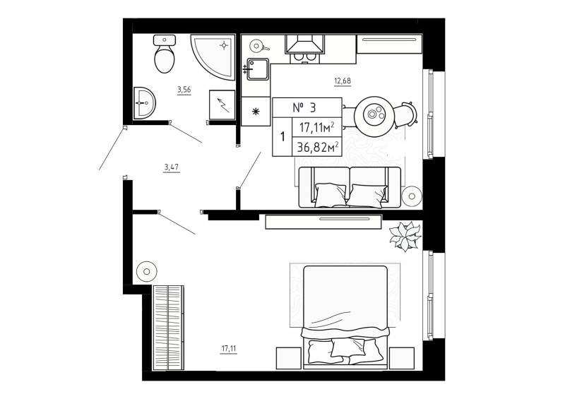 1 ккв 36,8 м²