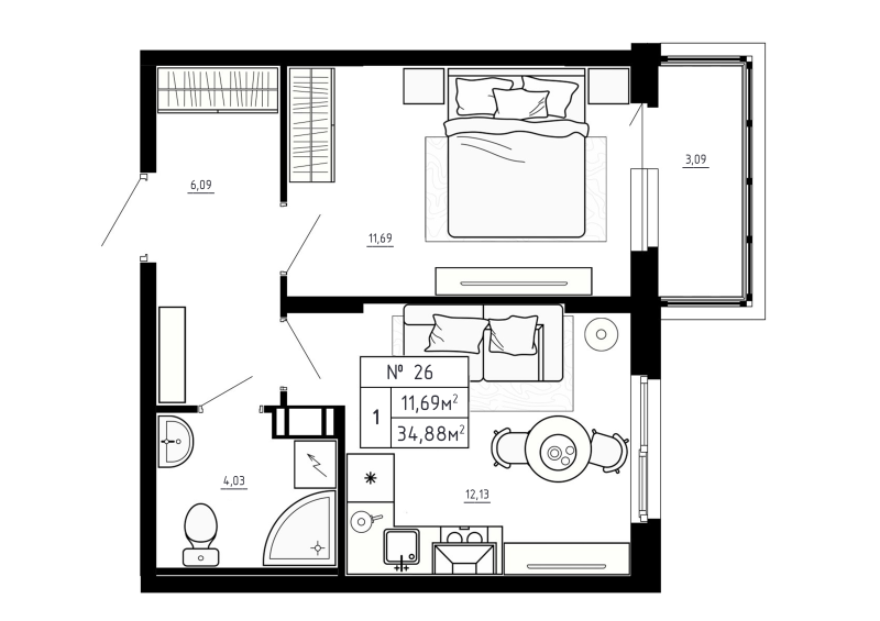 1 ккв 34,9 м²