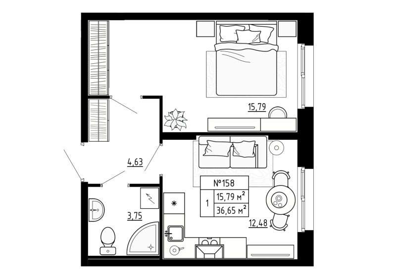 1 ккв 36,8 м²