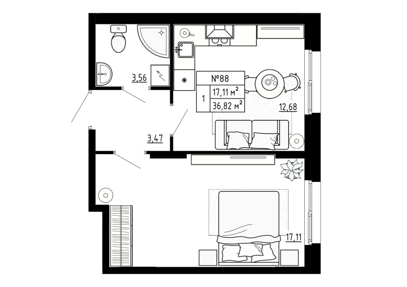 1 ккв 36,8 м²