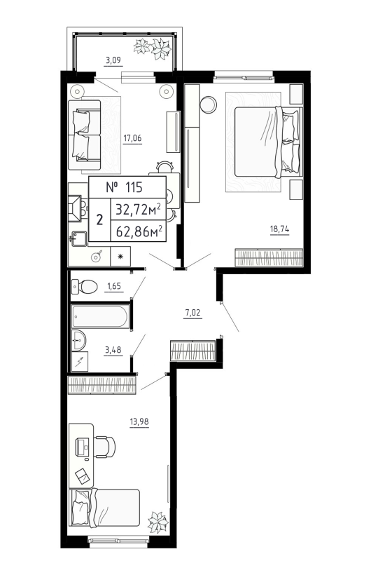 3 ккв (Евро) 62,9 м²