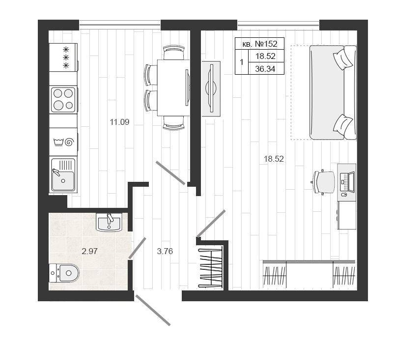 1 ккв 36,6 м²