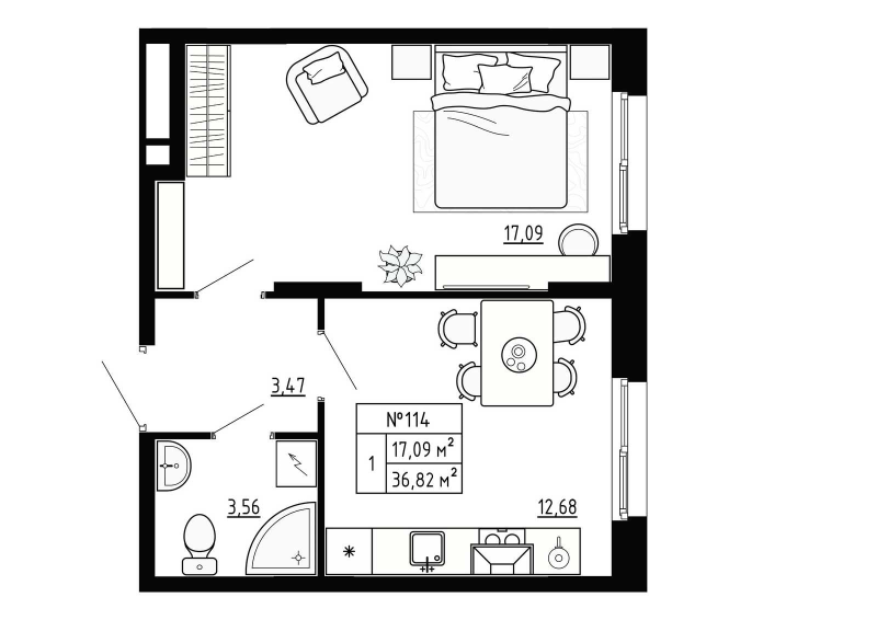 1 ккв 36,8 м²
