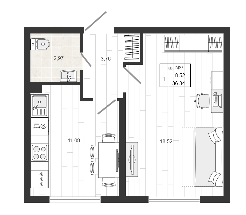 1 ккв 36,6 м²