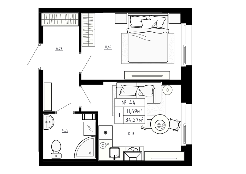 1 ккв 34,3 м²