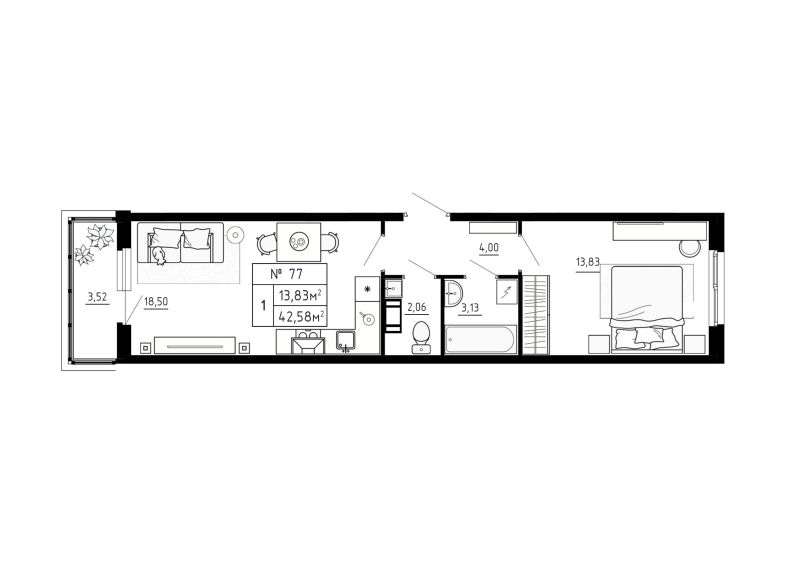 2 ккв (Евро) 42,6 м²