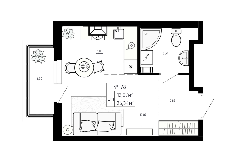 Студия 26,3 м²