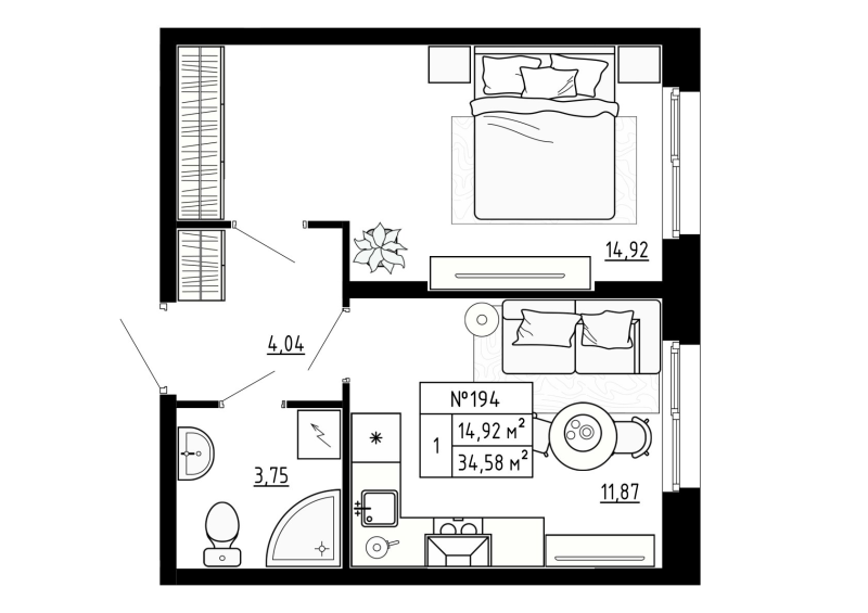 1 ккв 34,6 м²