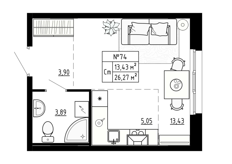 Студия 26,5 м²