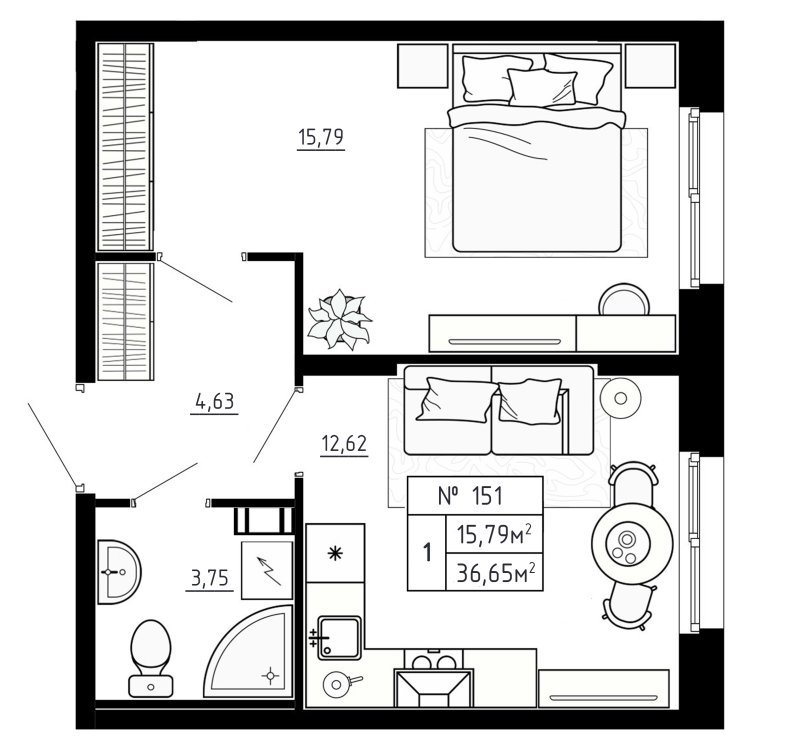 1 ккв 36,7 м²