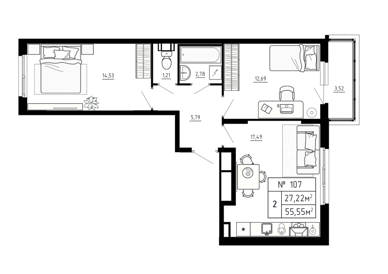 3 ккв (Евро) 55,6 м²