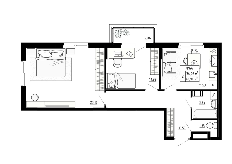 2 ккв 61,9 м²