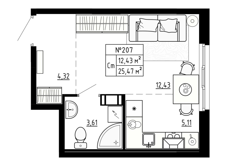 Студия 25,7 м²