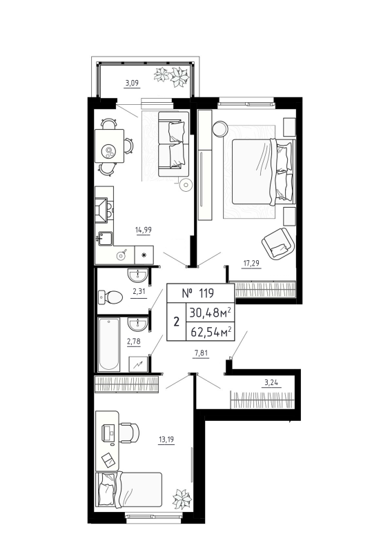 2 ккв 62,5 м²