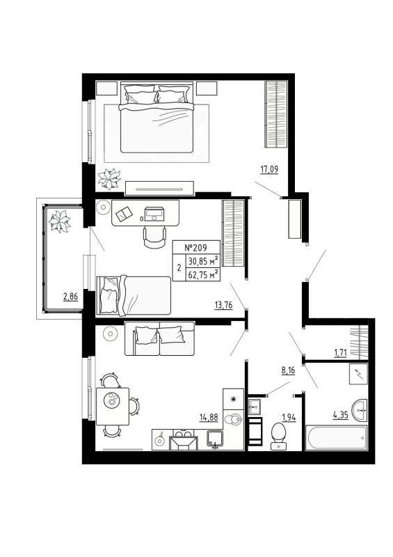 2 ккв 62,8 м²