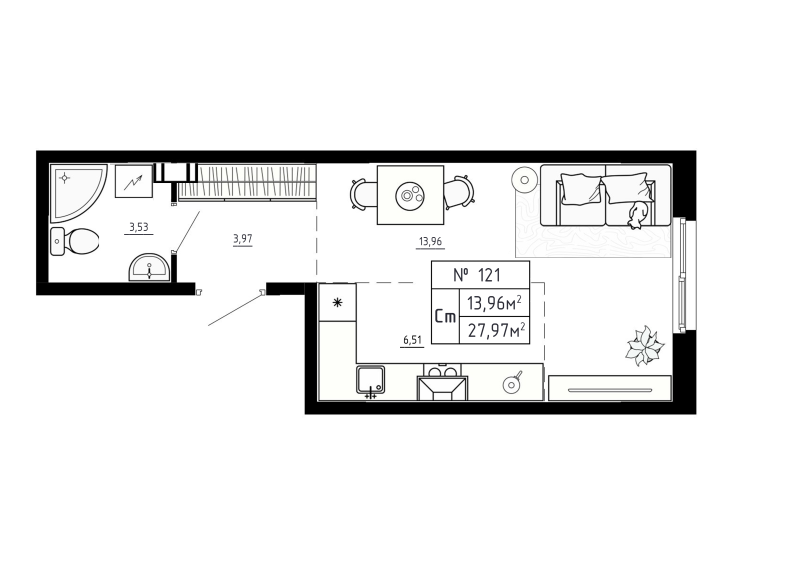 Студия 28 м²