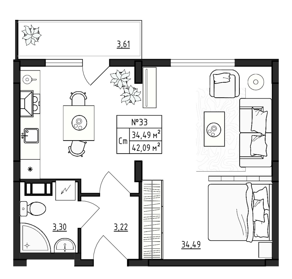 Студия 42,1 м²