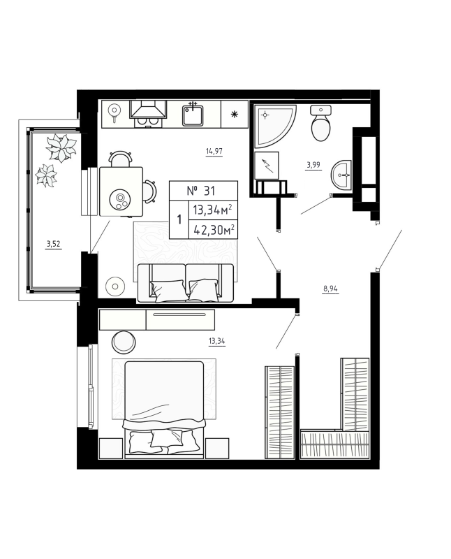 1 ккв 42,1 м²