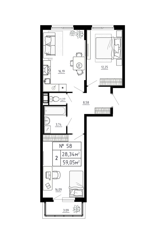 3 ккв (Евро) 59,1 м²
