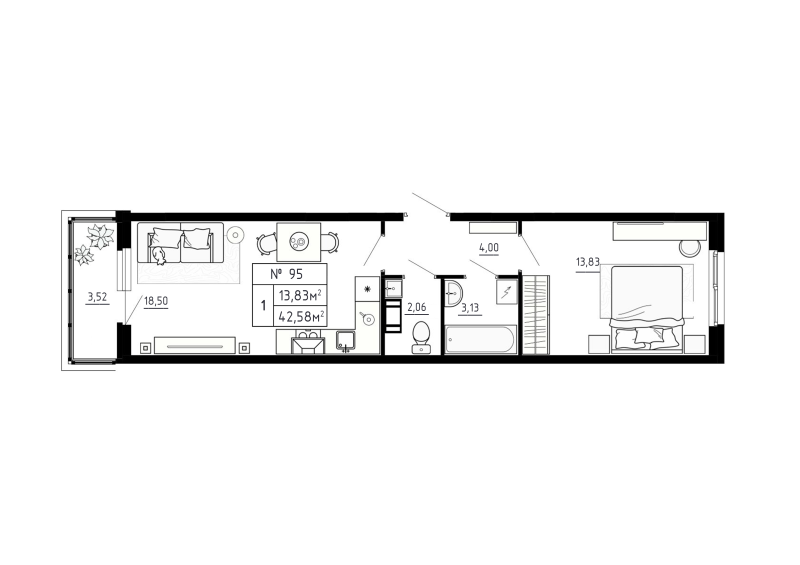 2 ккв (Евро) 42,6 м²