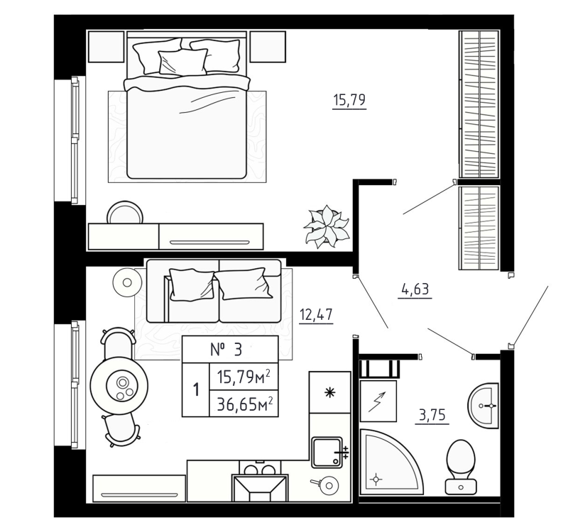 1 ккв 36,7 м²