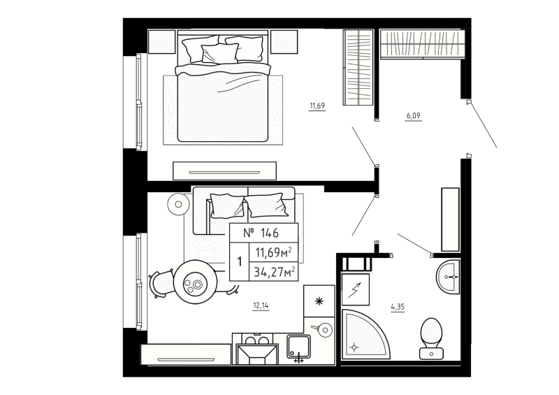 1 ккв 34,3 м²