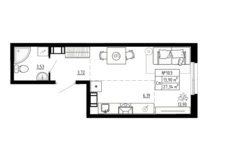 Студия 27,3 м²