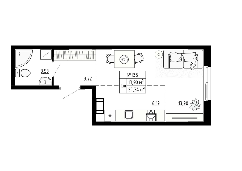 Студия 27,3 м²