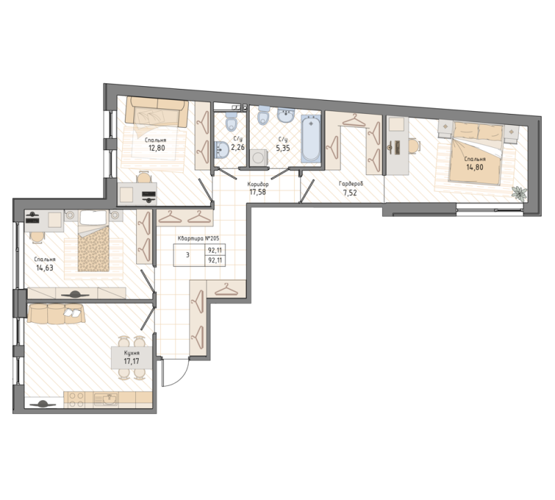 3 ккв 92,9 м²